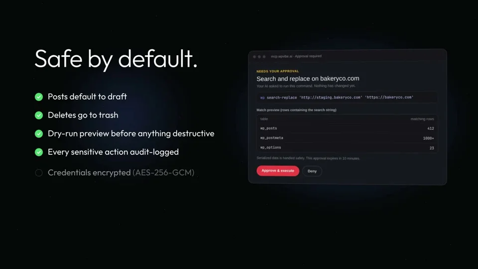 Dark UI panels promote an MCP server for WordPress