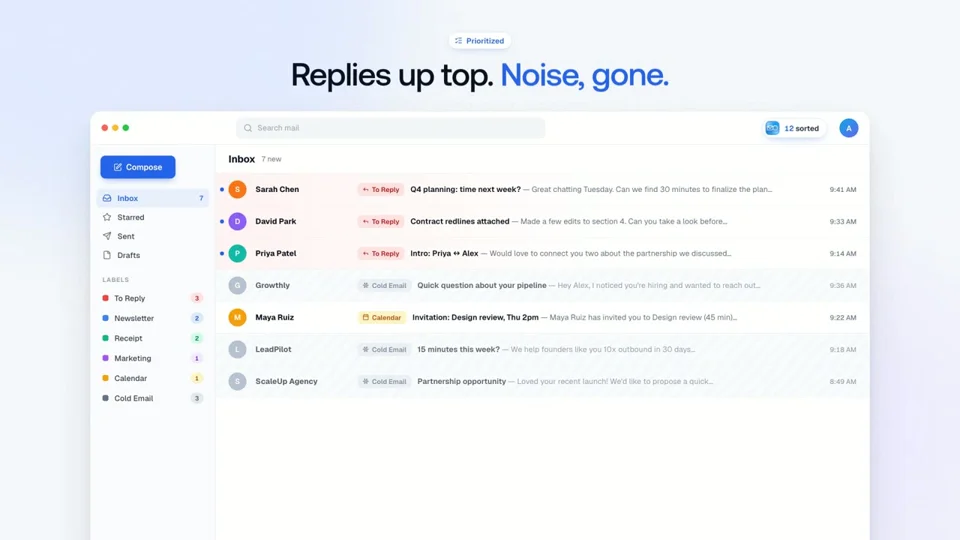 Clean inbox UI demos auto-sorting and drafted replies