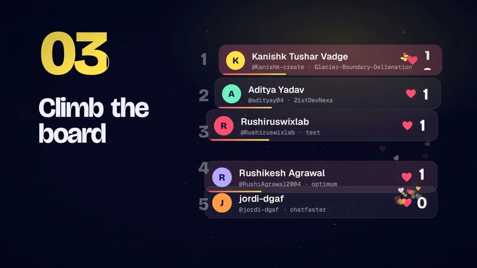 Sparkle burst and leaderboard cards pitch a project showcase