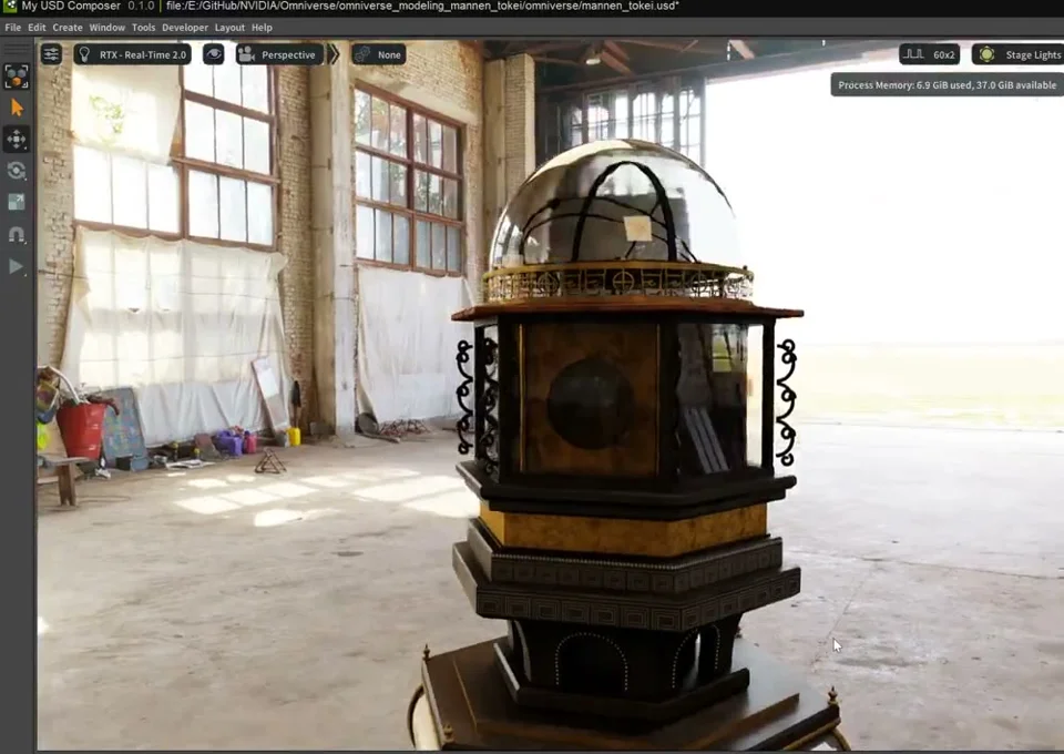 Ornate myriad-year clock model turns in a warehouse render