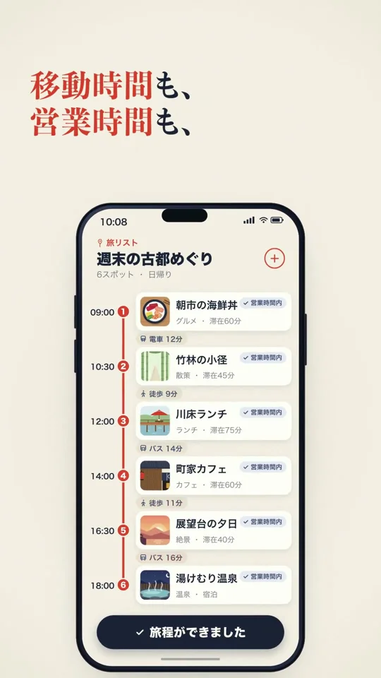 Scattered place cards line up into a travel-plan app