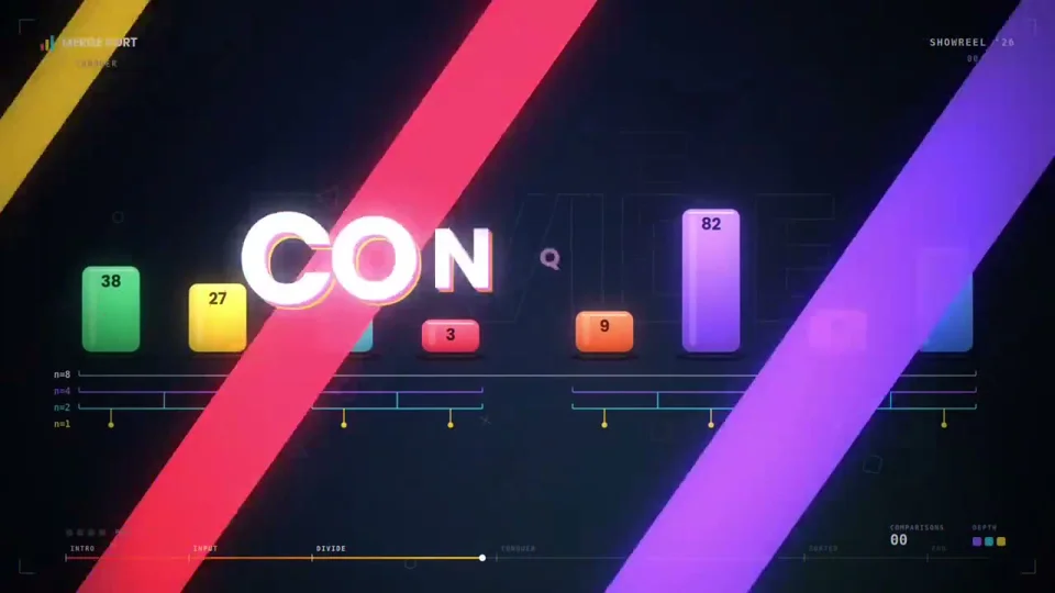 Colorful bars split and merge in a merge sort showreel