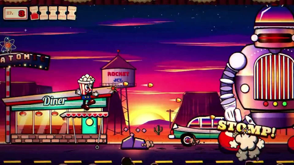 Popcorn hero battles a moon and a diner robot