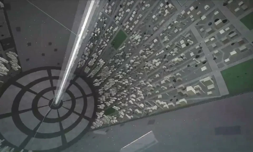 First-person walk through a rotating space-colony cylinder city