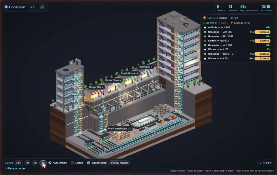 Underground couriers race lunch orders through a cutaway building