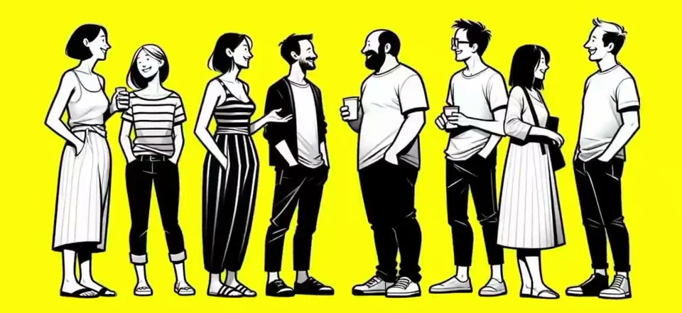 Line-drawn crowd on yellow comes alive with subtle motion