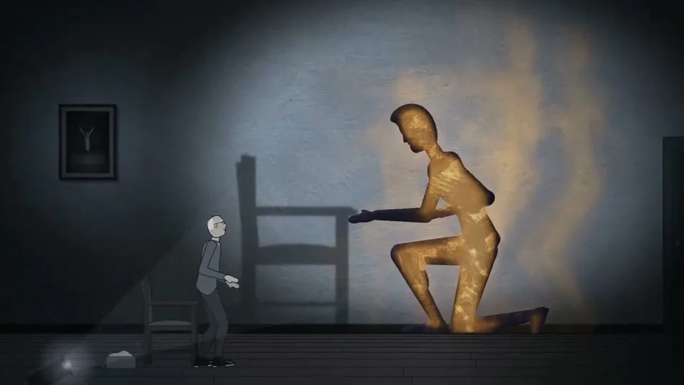 An old man's shadow dances a child through 'The Shadow Remembers'