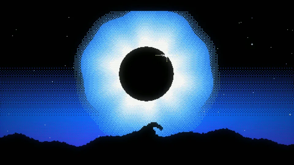 Pixel knight battles the Eclipse Wyrm in a retro RPG animation