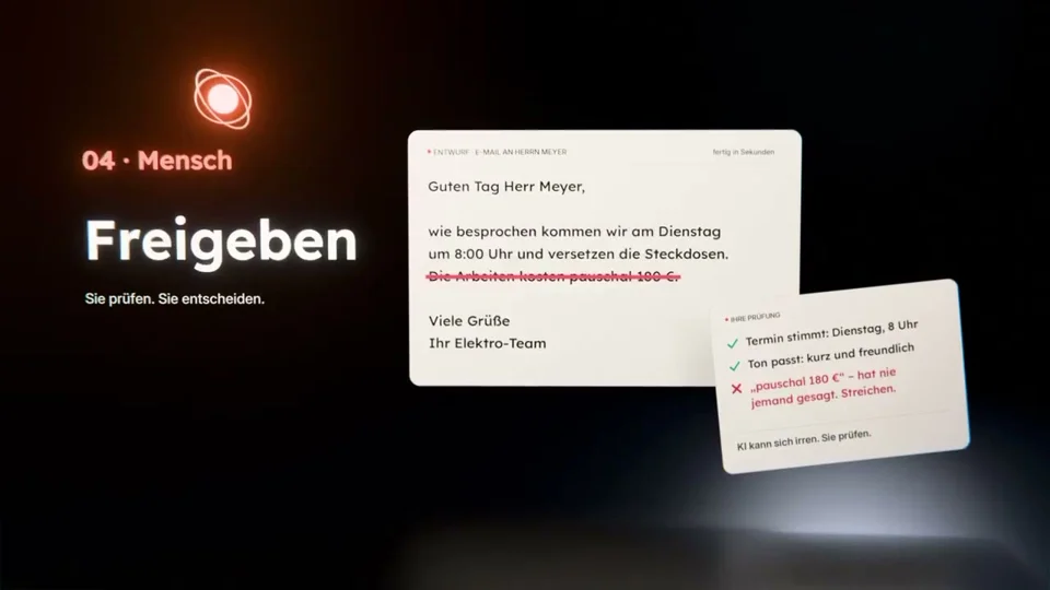 Floating documents sorted into approvals in a German talk intro