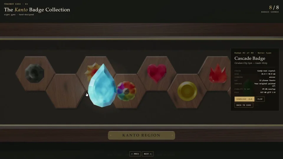Crystal Kanto gym badges rotate in a 3D display case
