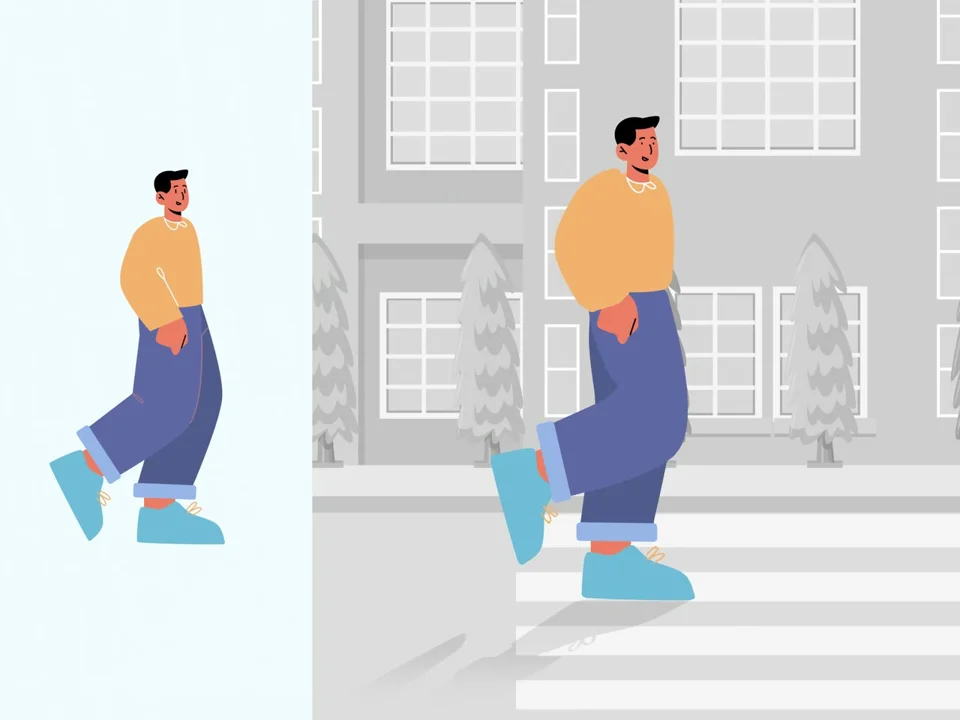 Flat 2D character walks past grey buildings in an After Effects cycle
