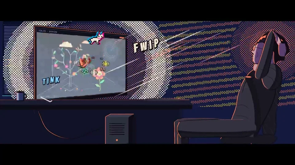 Late-night gamer in an isometric room in the short film Cogito
