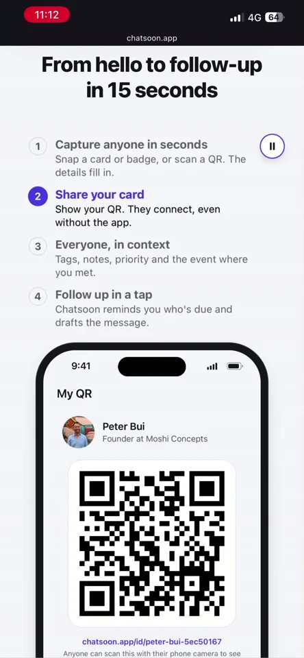 Phone mockup walks through a four-step networking app flow