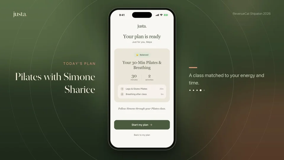 Pilates app plans glide by on a moss-green backdrop