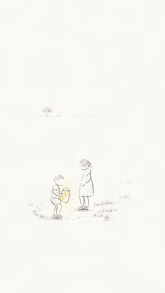 Pencil-sketch parent and child catch glowing fireflies
