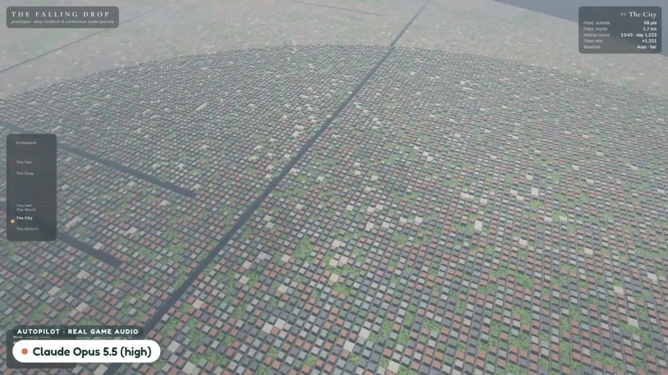 Single-shader zoom falls from a raindrop to an endless city