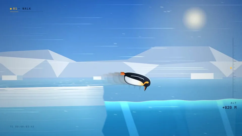 Penguin swims, flies and rockets past Earth's horizon