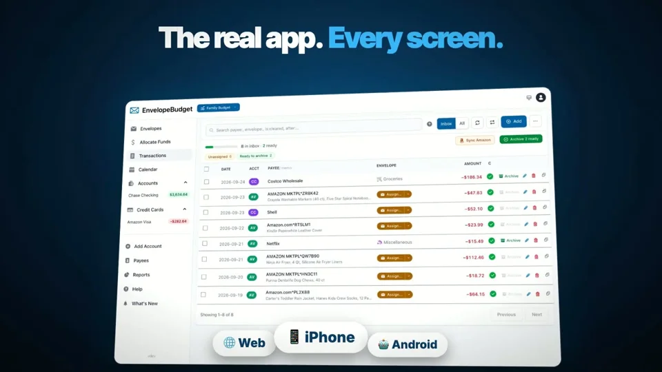 Colored envelopes split a paycheck in a budgeting app promo