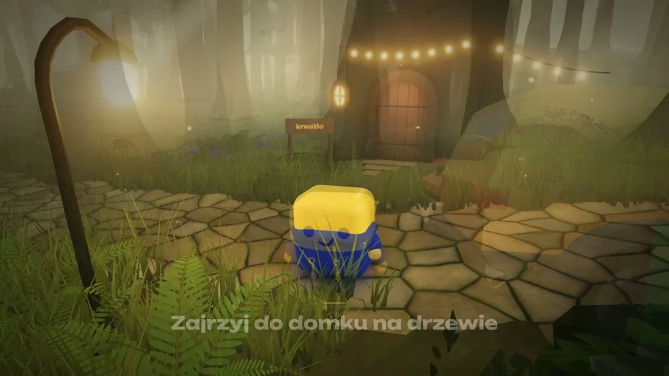 Cube mascot hunts hidden broccoli in a forest and flat
