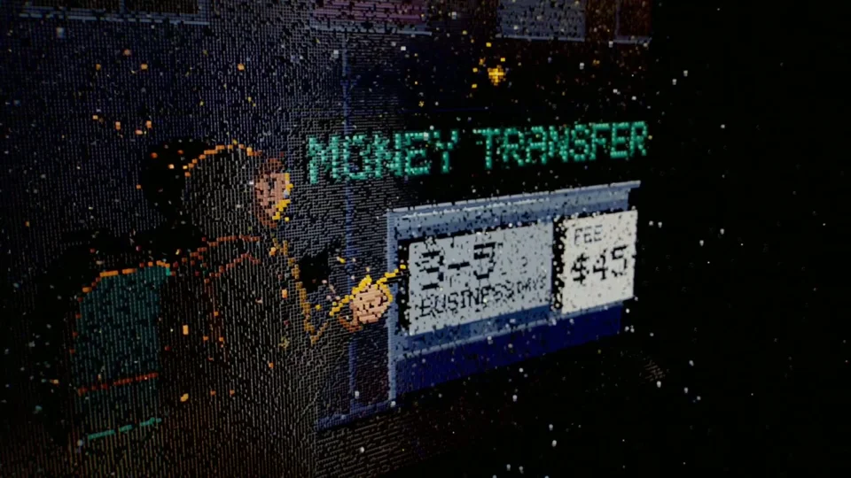 Pixel-art traveler at a transfer sign gives way to the Binance logo