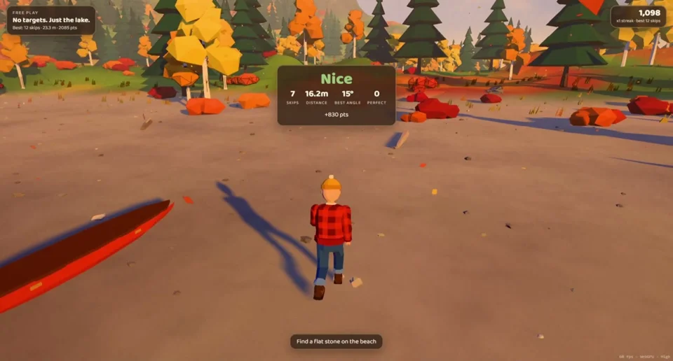 Low-poly boy skips stones across an autumn lake
