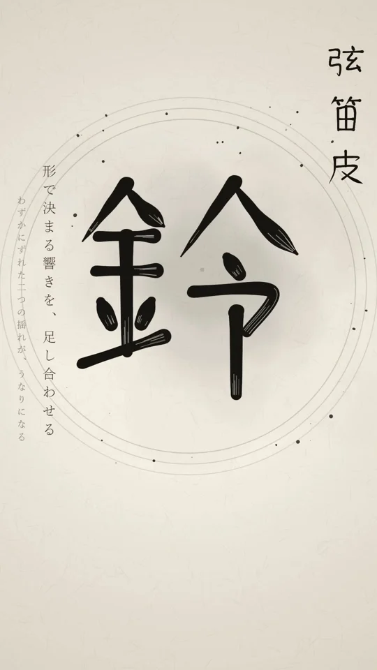 Ink-brush kanji for string, flute and bell sound off on paper