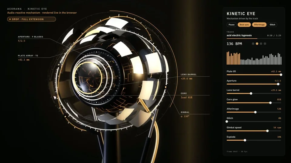 Mechanical eyeball opens its plates to the beat of a track
