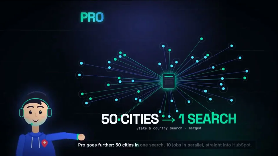 Cartoon sales guy pitches a Google Maps scraper with neon stats
