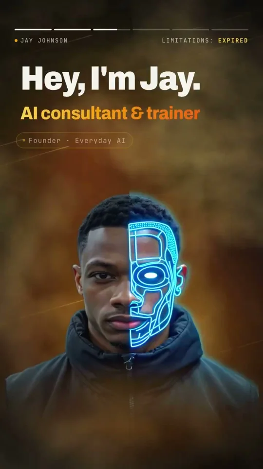 Personal intro reel shows a half-cyborg portrait and bold stats
