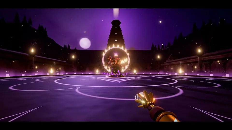 Temple guardian fights glowing spirits in a mythic action game