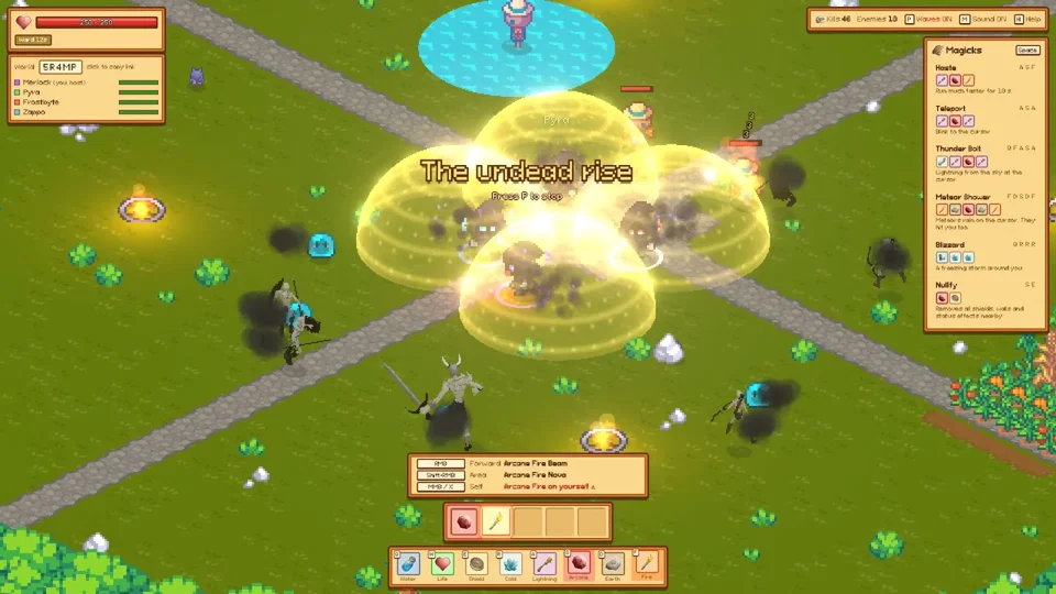Wizards cast lightning and fire spells in a Magicka-style arena
