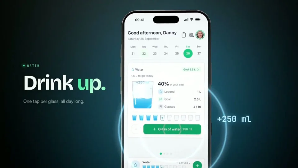 Floating phones show meal tracking and an AI coach in a Moveno promo