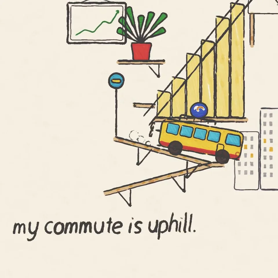 Hand-drawn bus climbs an uphill commute past rising bars