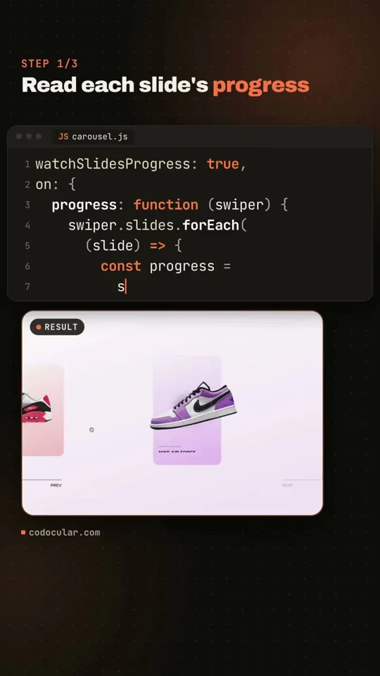 Sneaker carousel is coded step by step in a vertical tutorial
