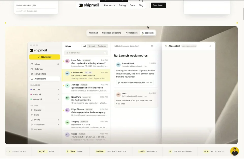 Shipmail email app landing page scrolls through animated sections