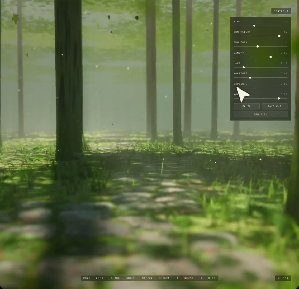 Sunlit procedural forest with drifting leaves and a stone path