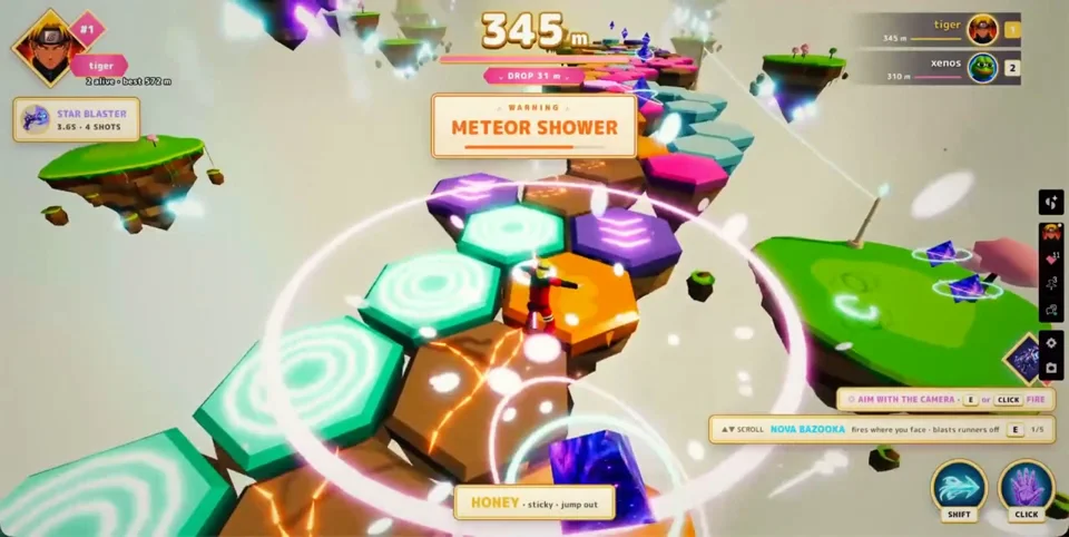 Players climb floating hex platforms in a sky racing game