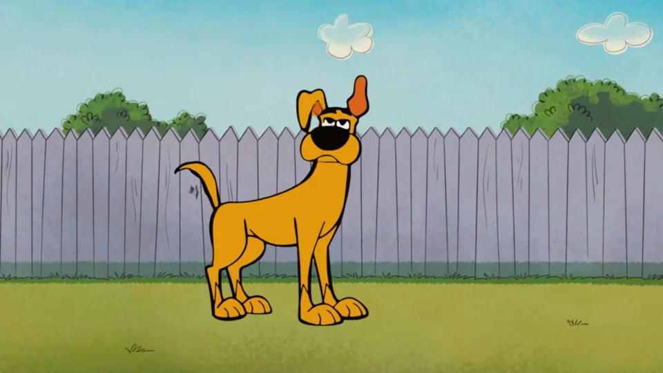 Cartoon dog eyes a red ball in a backyard and lies down