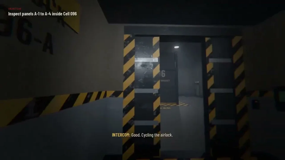 Flashlight horror game through dark containment site corridors