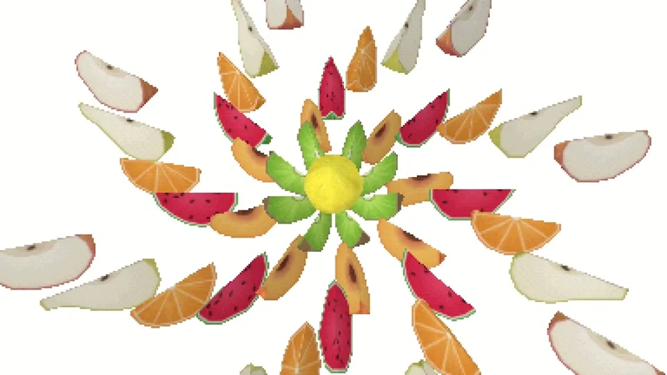 Low-poly fruit slices spin into a pinwheel on white