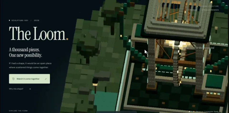 Voxel pavilion island on a landing page for The Loom