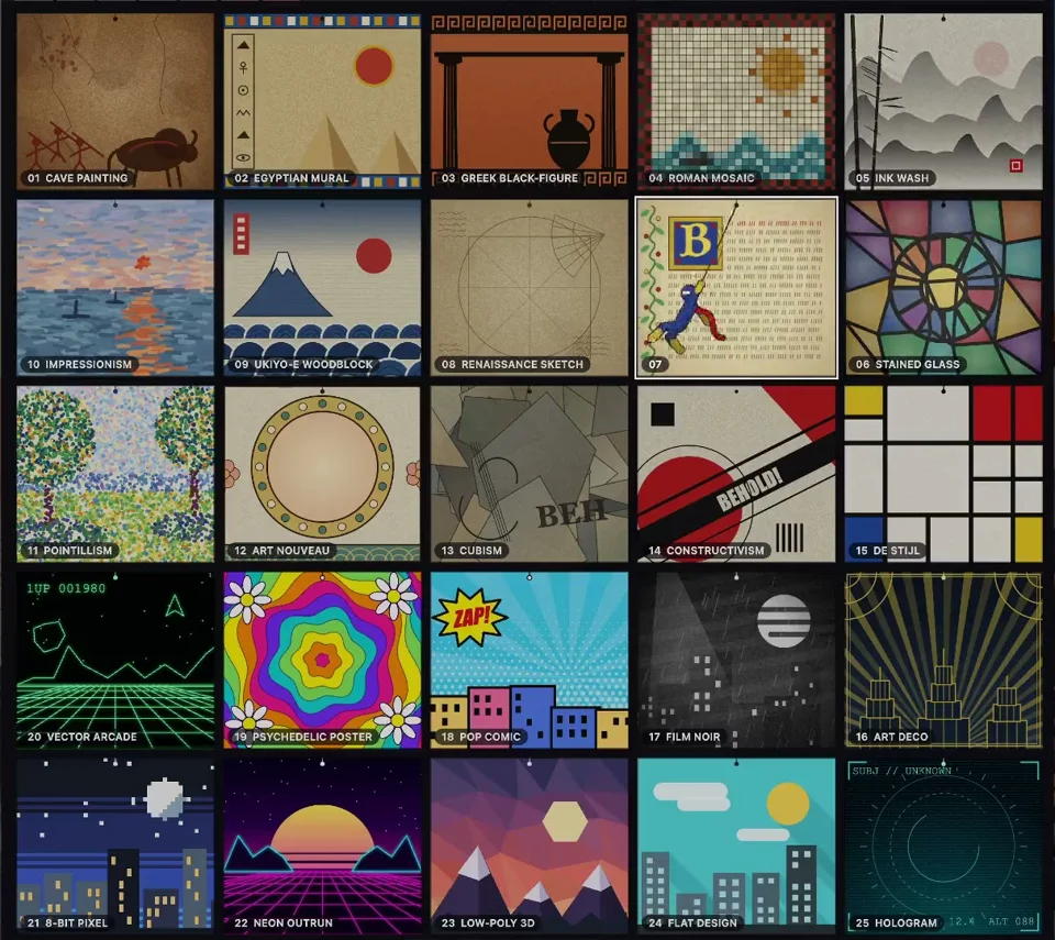 Tiny figure leaps across a grid of 25 art-style tiles
