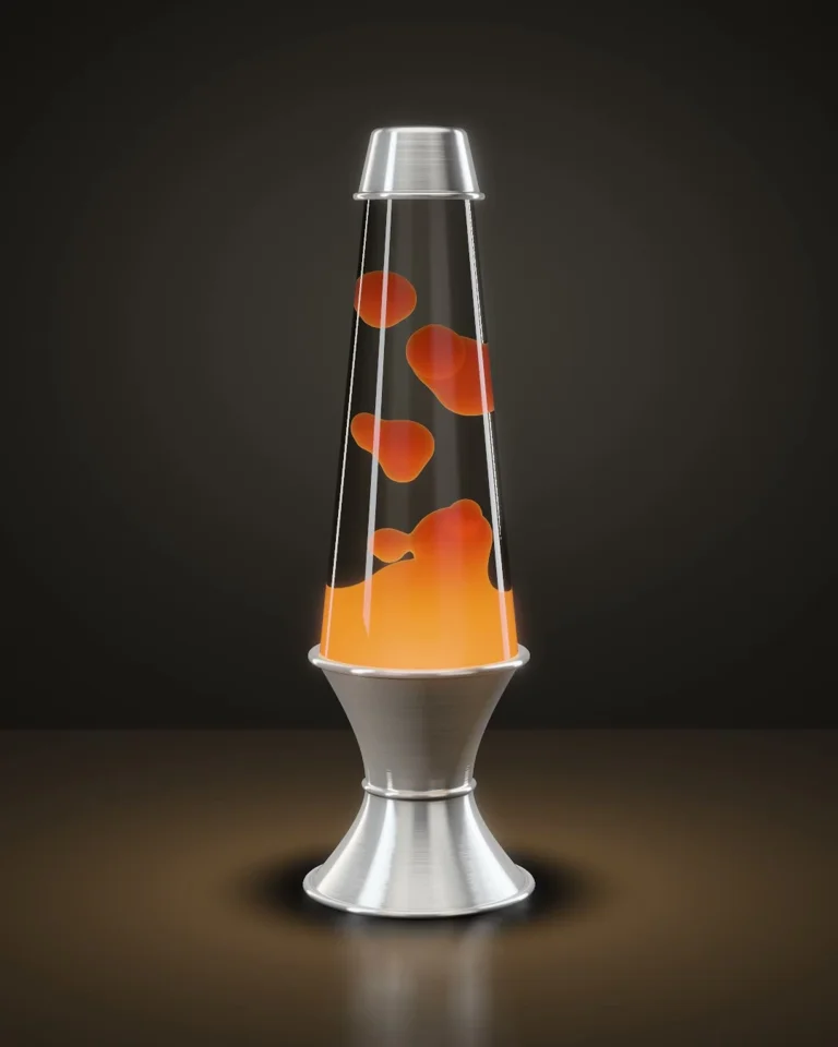 Glowing orange wax blobs drift inside a chrome lava lamp