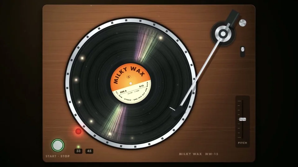 Turntable record spins out into a glowing spiral galaxy