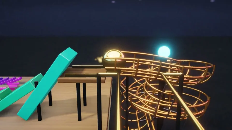 Rube Goldberg machine runs dominoes and xylophone stairs to fireworks