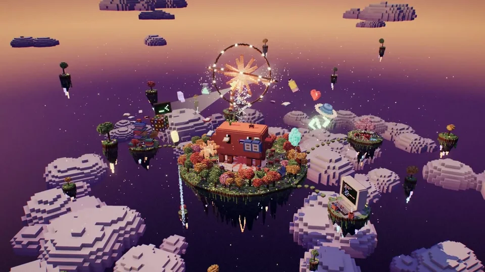 Voxel islands float around a robot under a sunset sky