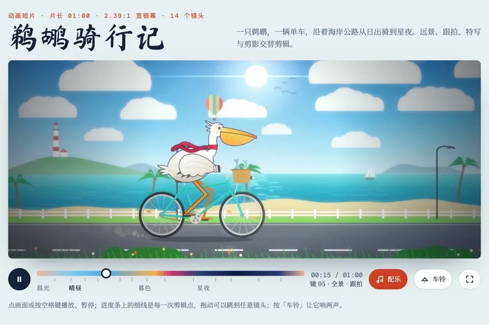 Pelican cycles along a coastal road from day to starry night