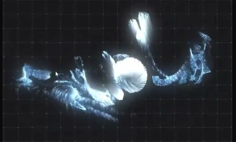 Cursor tears glowing particle text apart on a dark grid