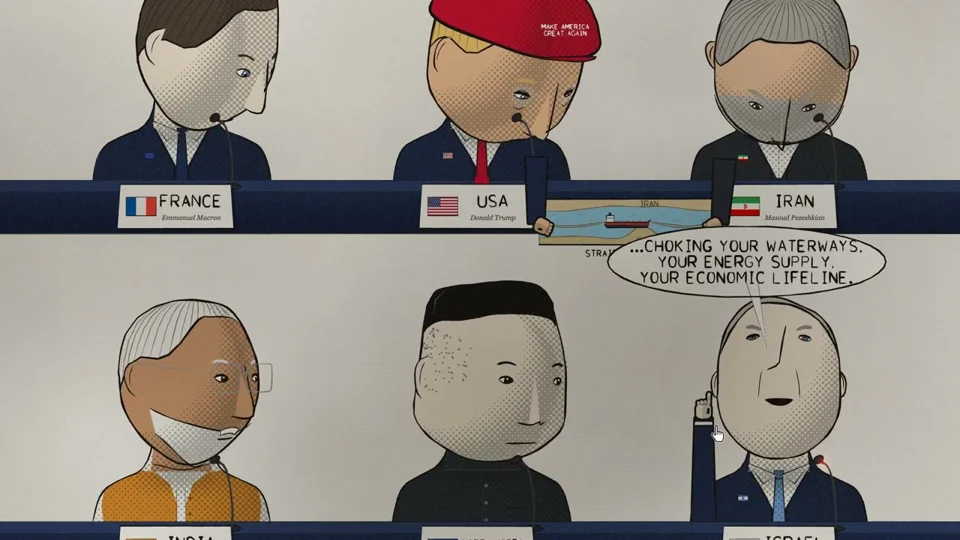 Cartoon world leaders argue over the Strait of Hormuz