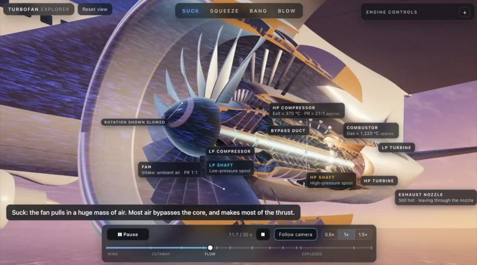 Turbofan jet engine opens into an interactive 3D cutaway